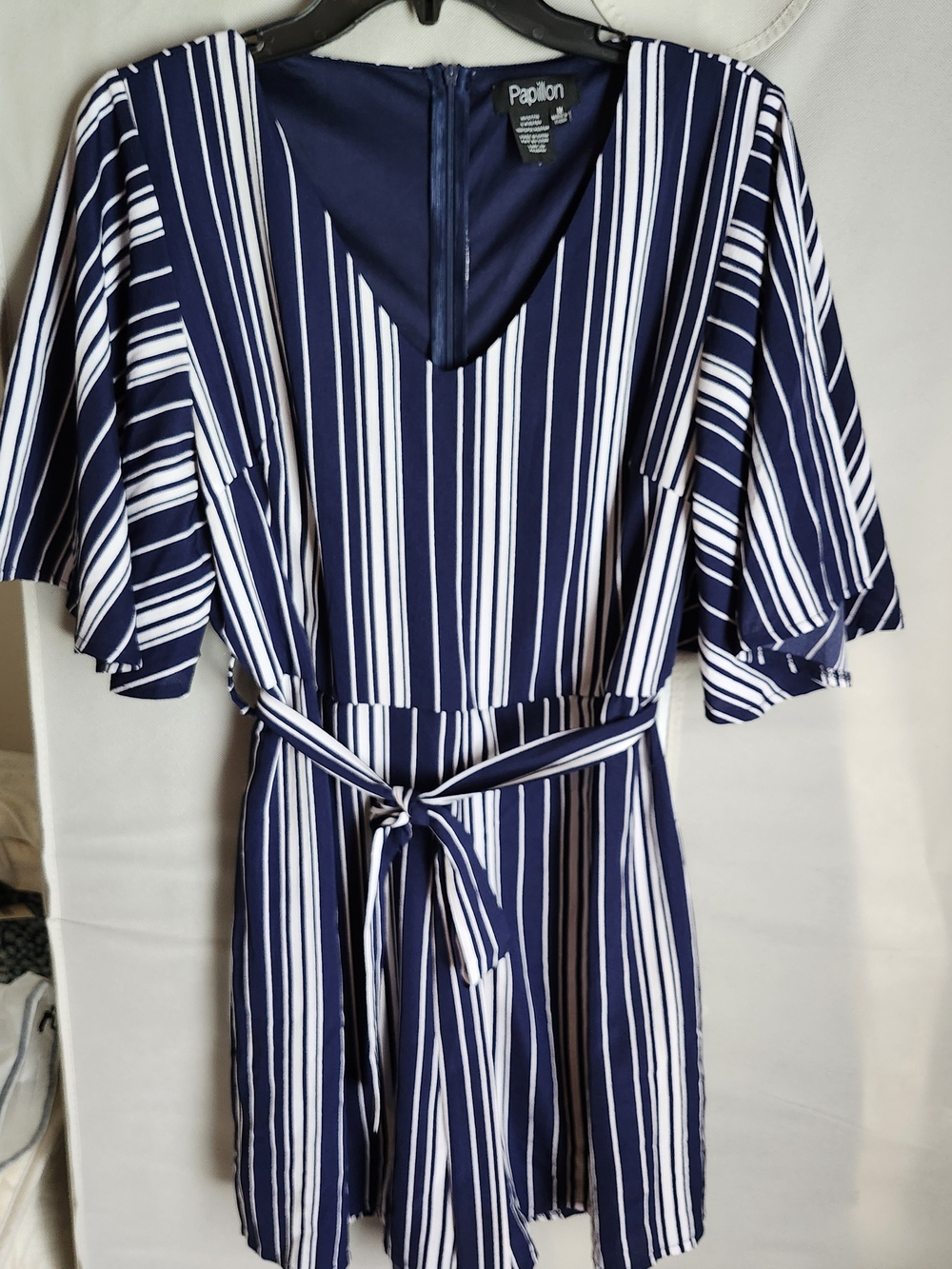 Papillon Blanc Navy and White Striped V-Neck Romper